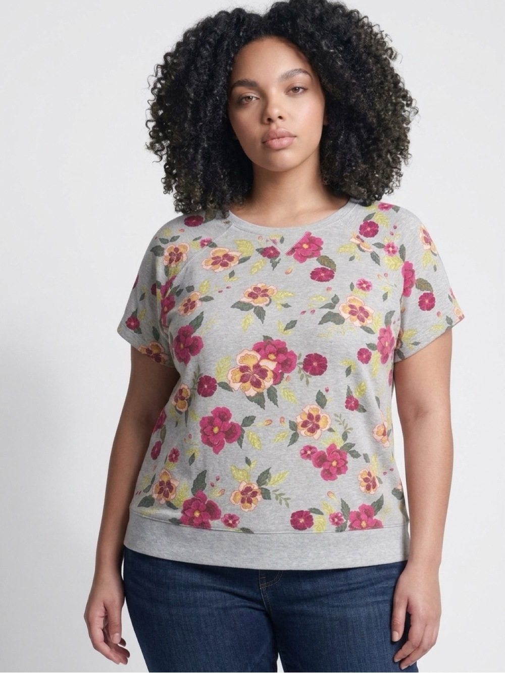 Lane Bryant Gray Tee with Pink and Yellow Floral Print